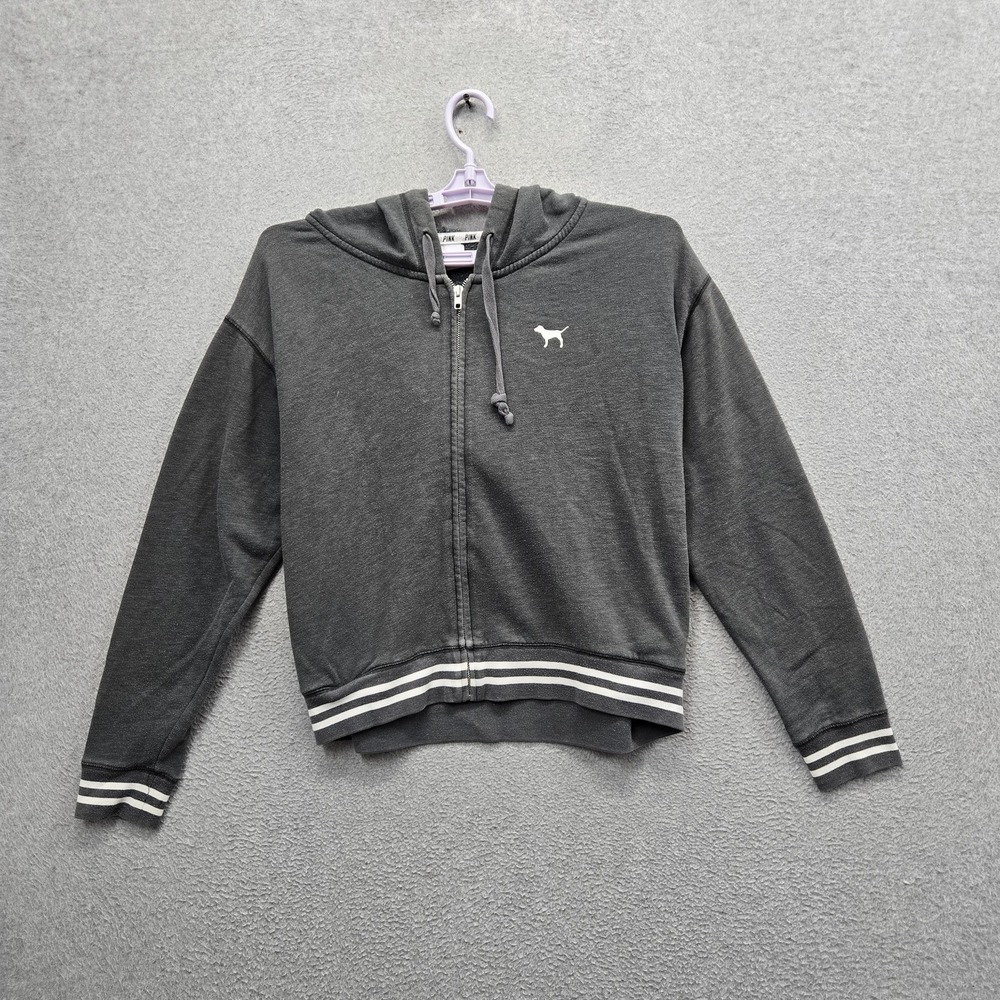 PINK Victoria's Secret Women Hoodie M Gray Dog Activewear Logo Zipper Campus